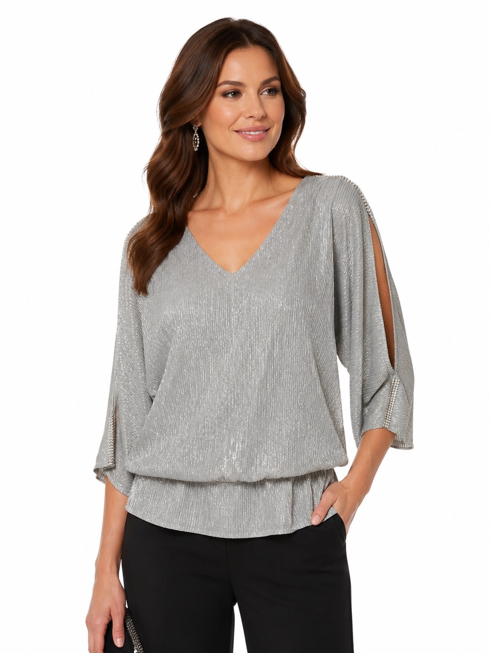 Chaus NY Silver Metallic V neck split dolman sleeves rhinestone accents blouse M
